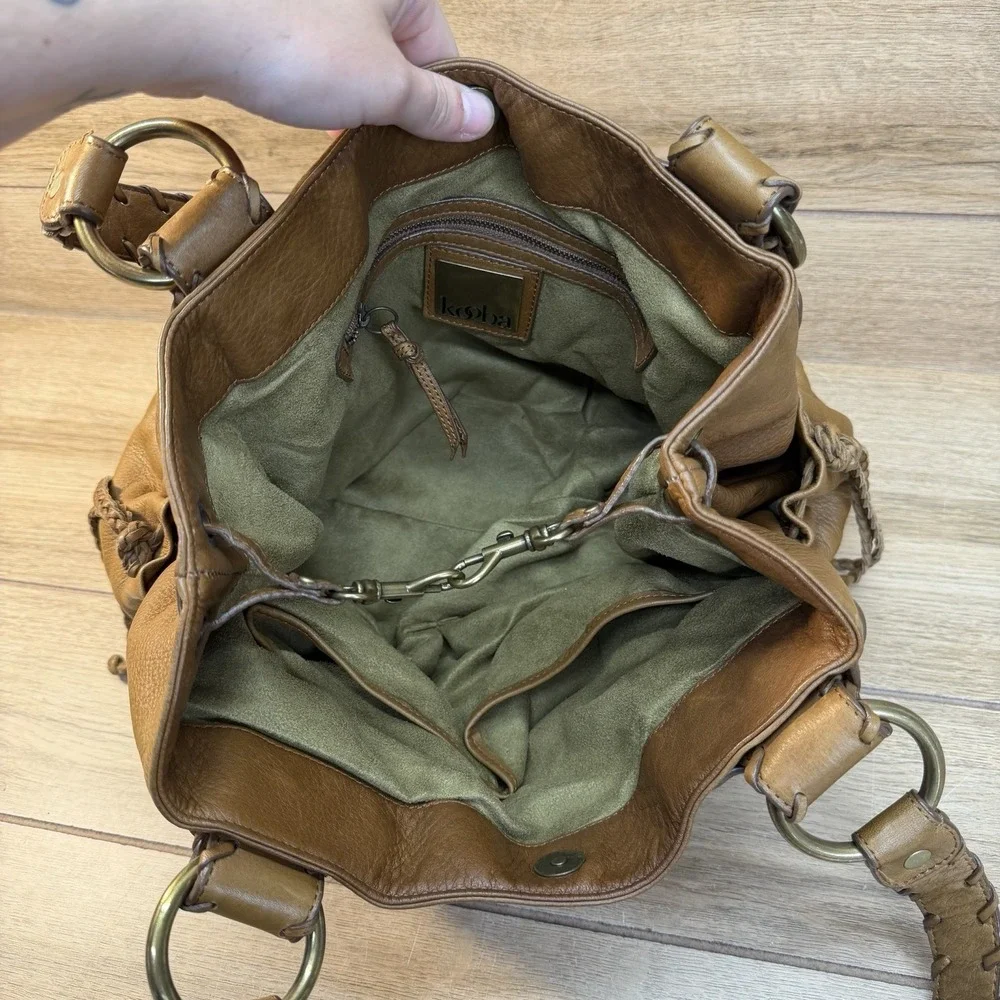 Kooba Sienna Leather Satchel Handbag Tan Whipstitch Braided Hobo Bag Vintage Y2K